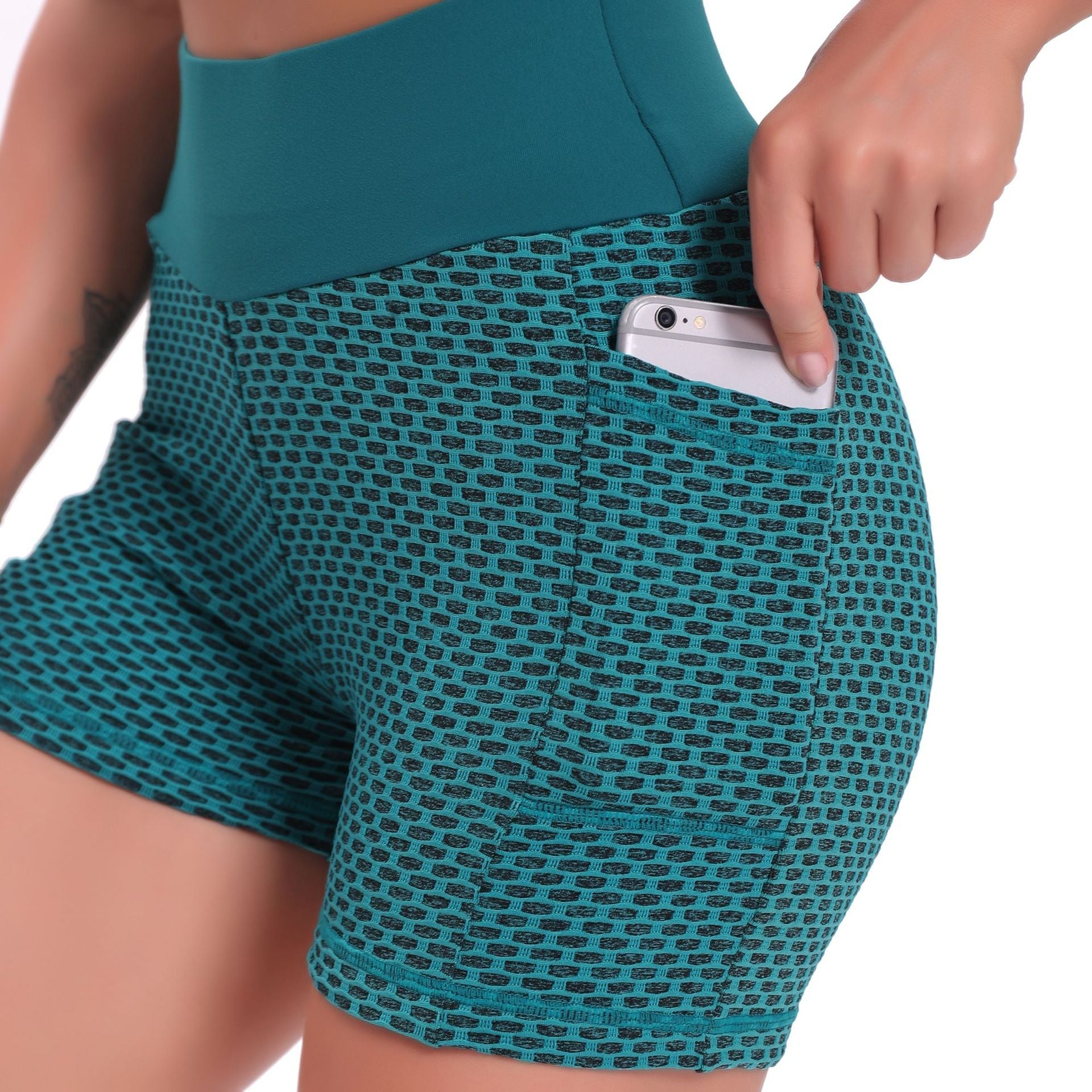 Women's High-Waisted Running Pants with Butt-Lifting Pockets, Bubble Cycling Pants, Honeycomb Outdoor Yoga Shorts